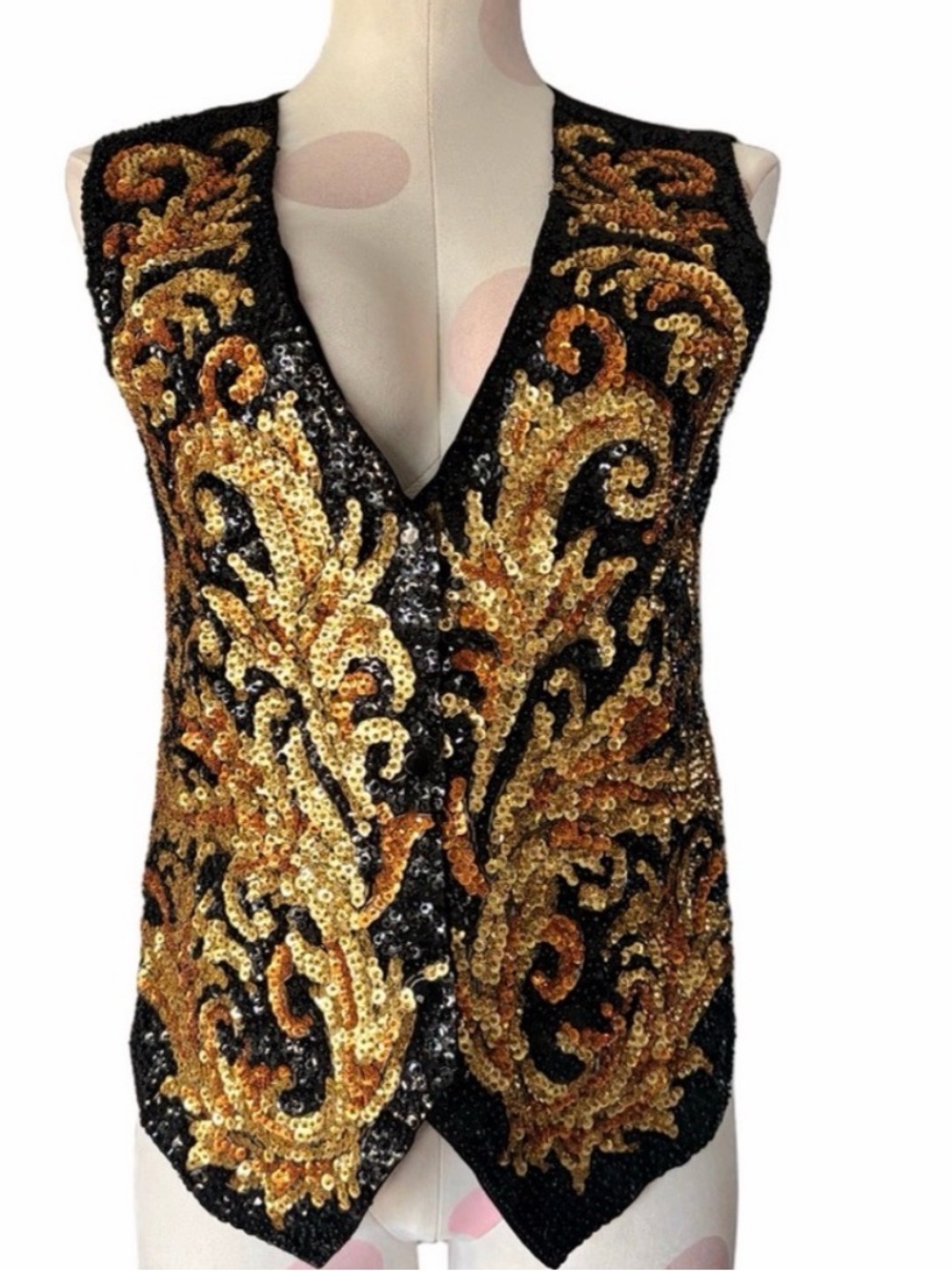 Vintage 80s 90s glitzy Steampunk Western Black Gold Sequin Vest - medium